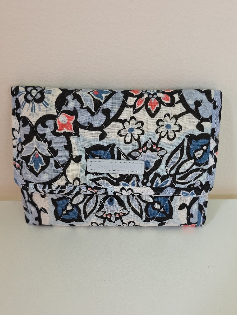 Vera Bradley Black and White Quilted Floral Wallet with Coral Accents.  NWT